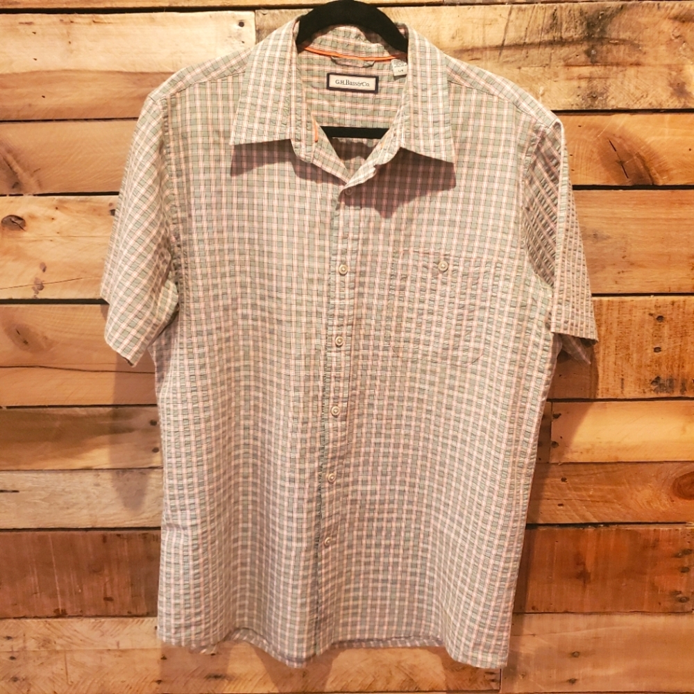 Men's GH Bass & Co. plaid button down short sleeve shirt green/orange Size Large